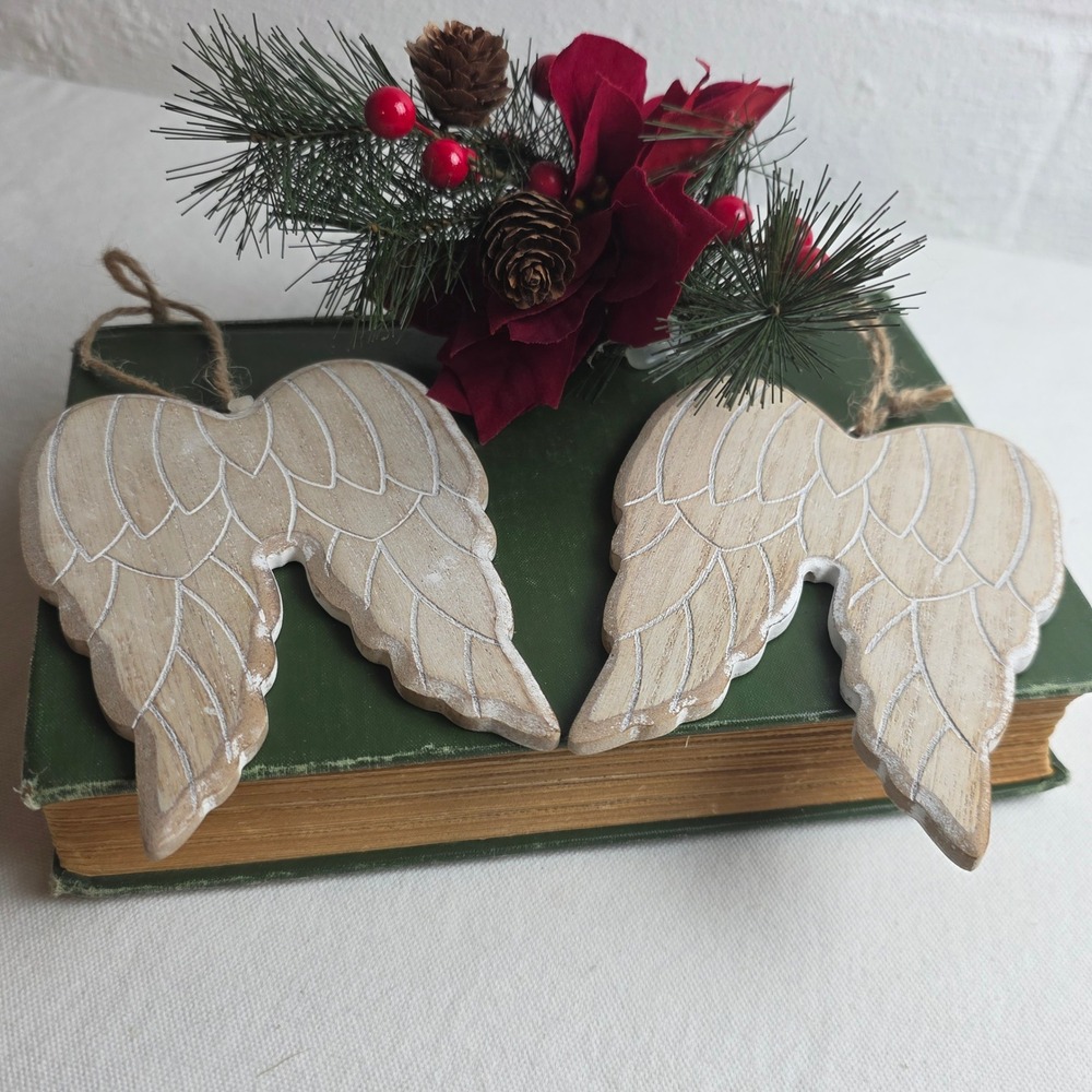 Rustic Whitewashed Wood Angel Wing Ornaments Set of 2 Hanging Christmas Decor